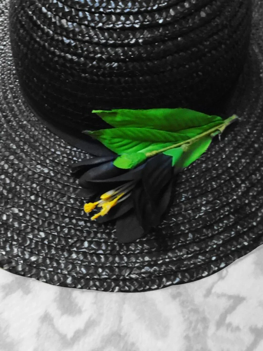 Black Straw Hat Wide Brim Fancy Dressy Vintage Spring Summer Headwear - Picture 3 of 9